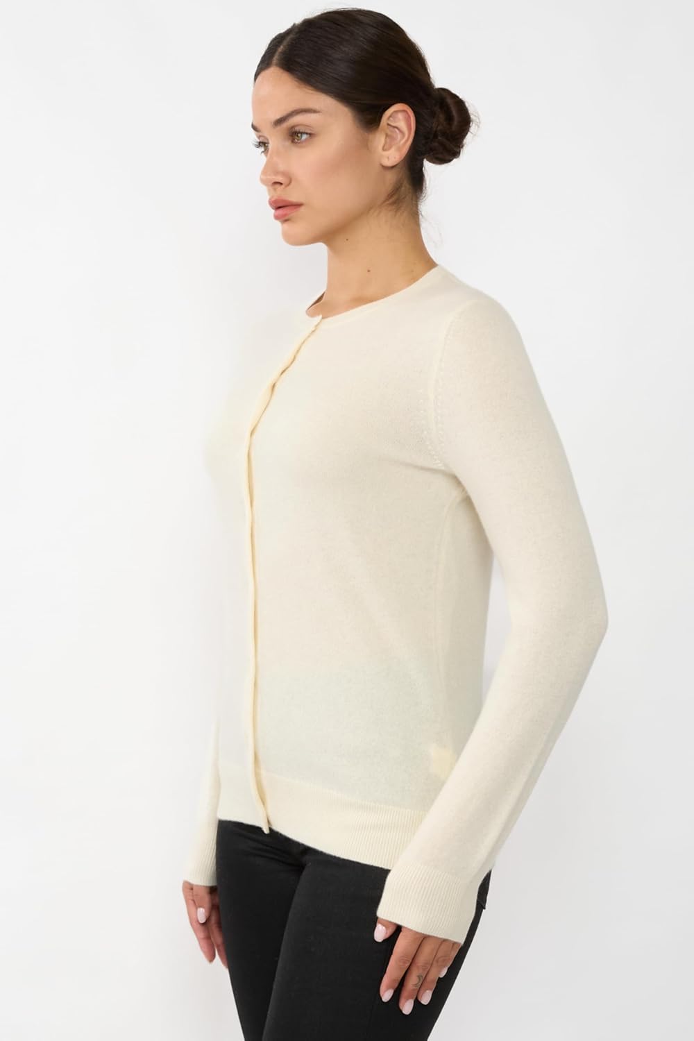 JENNIE LIU Women's 100% Cashmere Button Front Long Sleeve Crewneck Cardigan Sweater