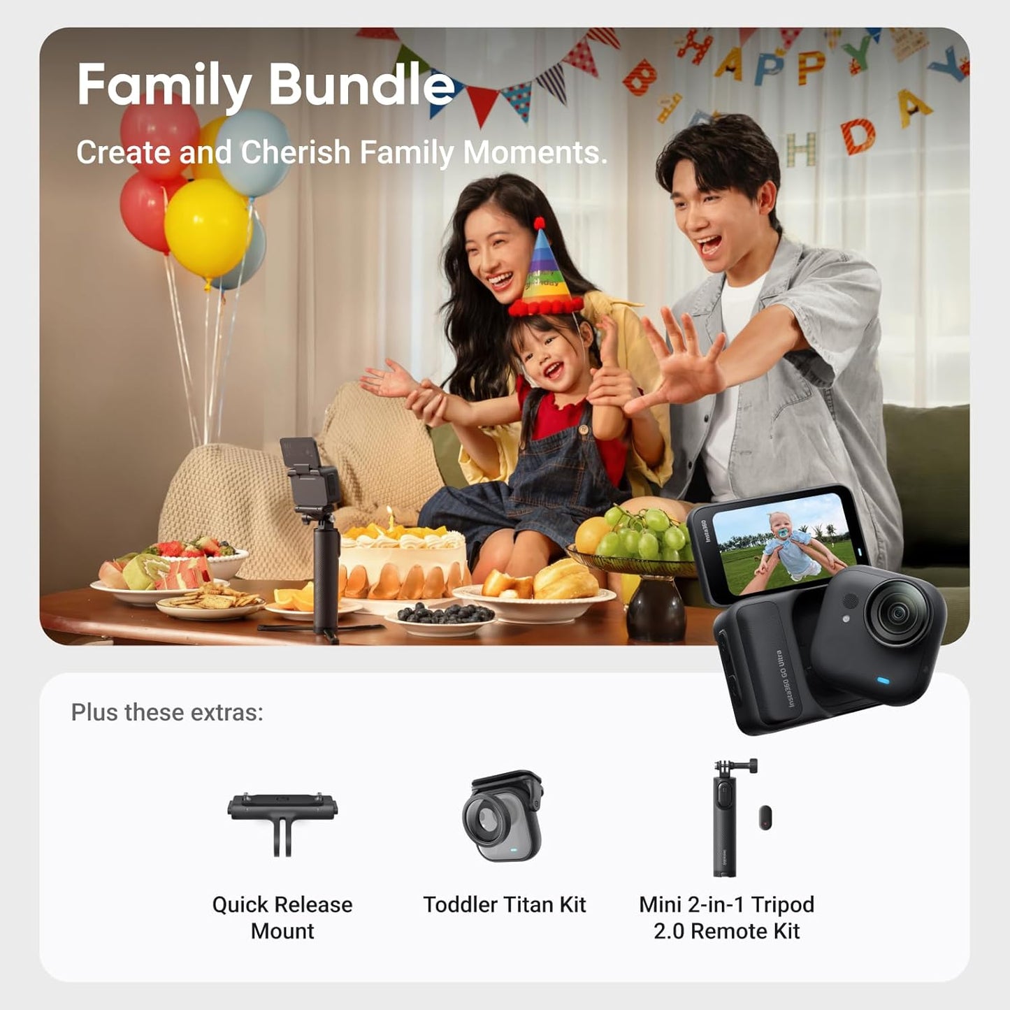 Insta360 GO Ultra Family Bundle - Small 4K Vlogging Camera, Hands-Free, POV Cam, 1/1.28" Sensor, 53g Lightweight, 156° FOV, 200 Min Battery Life, Magnetic Wearable Action Camera for Sports, Vlog