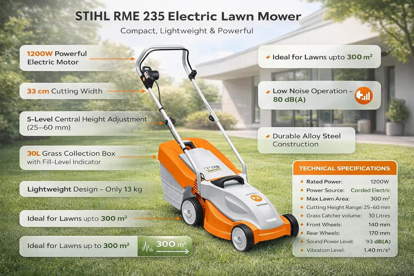 Stihl RME 235 1.2 kW, 13 kg Lightweight Electric Lawn Mower with 33 cm Cutting Width With 30 Litre Grass Collection, with Level Indicator