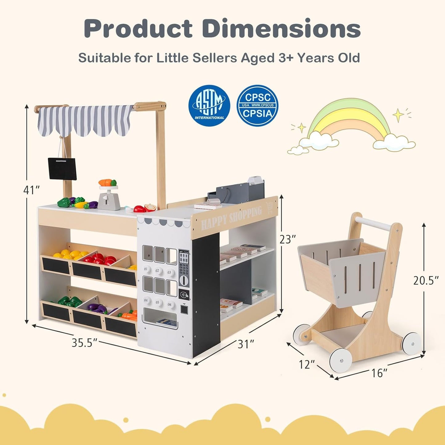 Costzon Kids Grocery Store Playset, Wooden Play Store w/Lights & Sound, Shopping Cart, Blackboards & Cash Register, Toddler Toy Grocery for Boys and Girls Ages 3+ (Natural, 35.5" x 31" x 41")