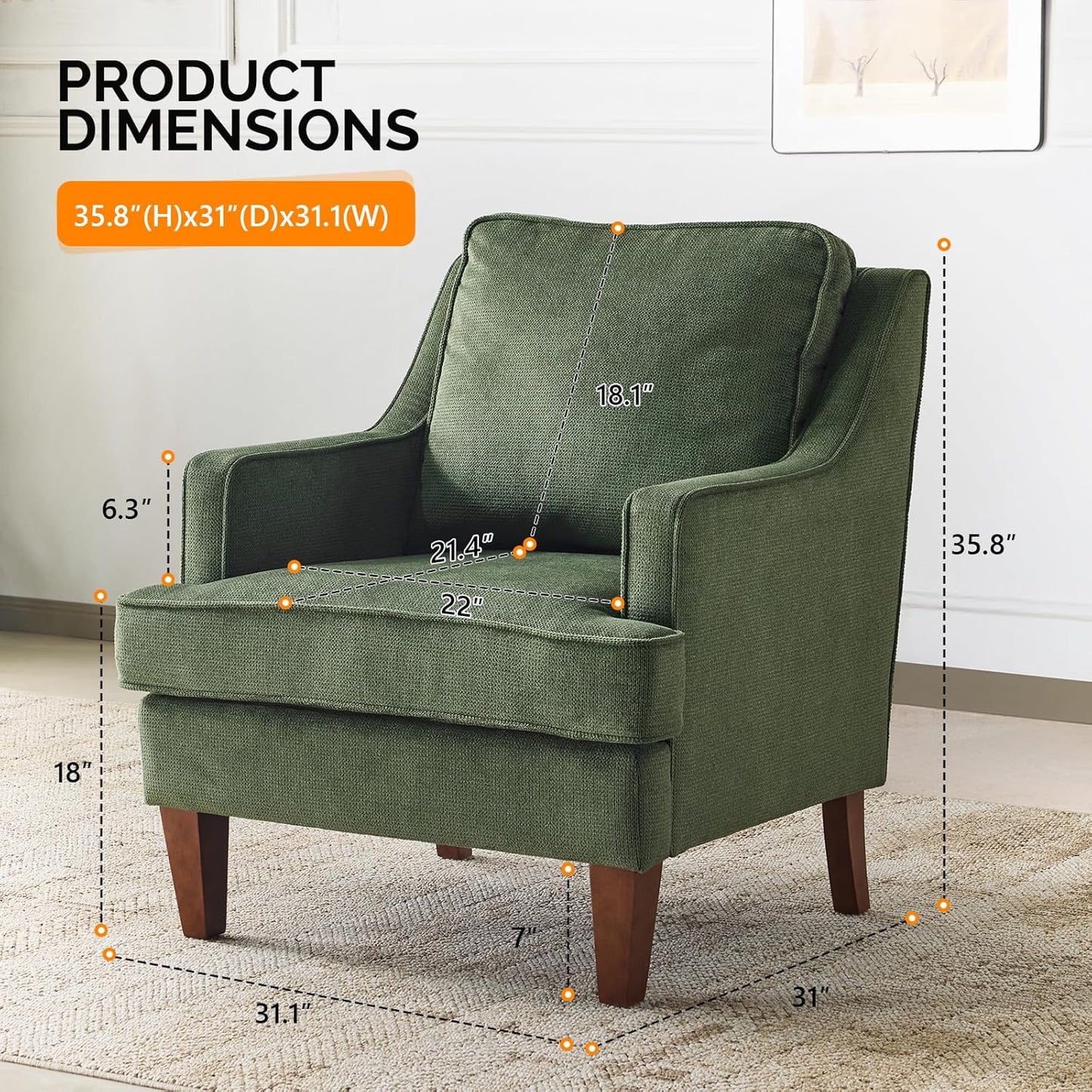 VINGLI Mid-Century Modern Accent Chairs Set of 2, Green Upholstered Armchair Comfy Sofa Chairs Reading Chair High Back for Living Room Bedroom Furniture Apartment
