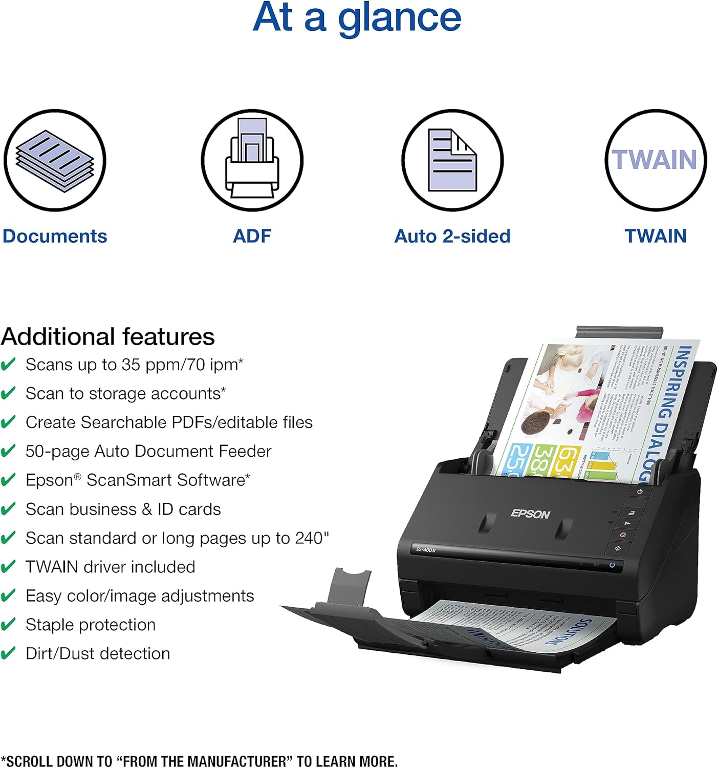 Epson Workforce ES-400 II Color Duplex Desktop Document Scanner for PC and Mac with Auto Doc Feeder (ADF), Image Adjustment Tools