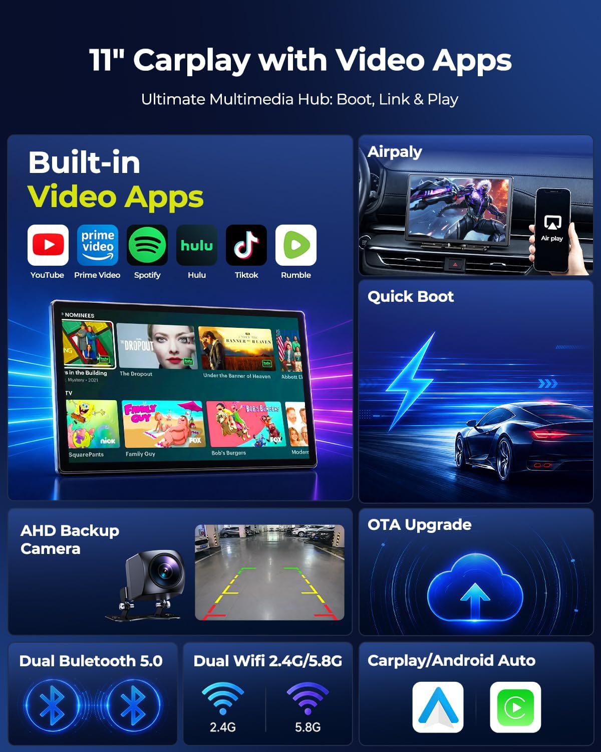 LAMTTO Extra Large 11 Inch Carplay Screen for Car, Built-in YouTube/TikTok Entertainment Video APPs, Backup Camera, Wireless Car Play and Android Auto Screen with Navigation/Voice Assistant/OTA Update