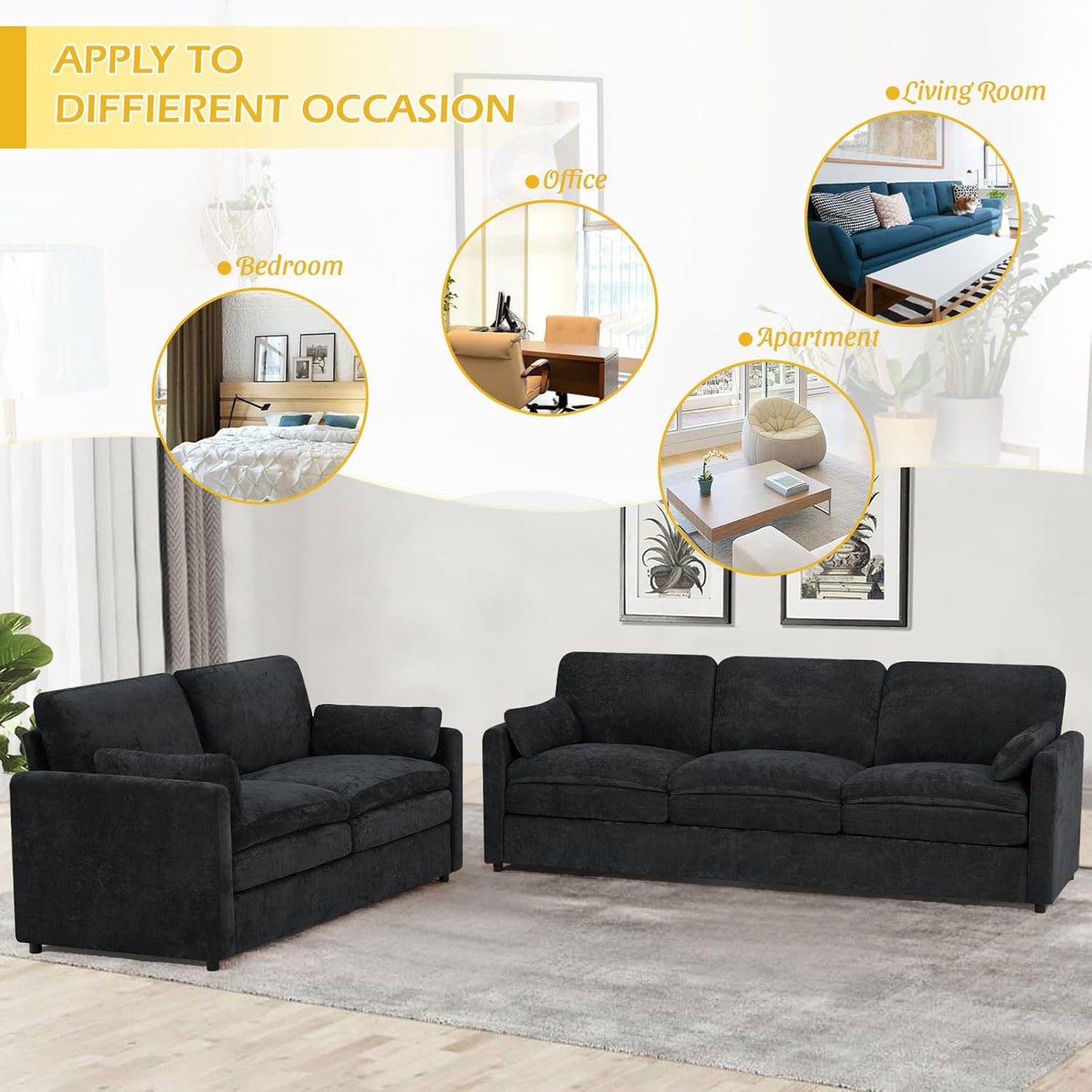 2 Pieces Chenille Sofa Set w/Two Throw Pillows, Upholstered Loveseat & 3 Seater Sofa w/Comfortable Back Cushions, Modern 2-Seat & 3-Seat w/High-Density Foam for Living Room, Apartment, Black