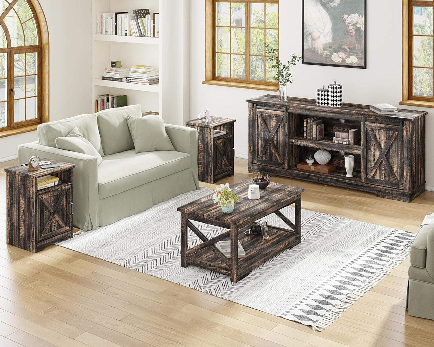 AMERLIFE 4-Piece Farmhouse Table Set Includes Sliding Barn Door TV Stand, Coffee Table& Two End Tables, Side Table with Charging Station and USB Ports, for Living Room, Dark Oak, 66"