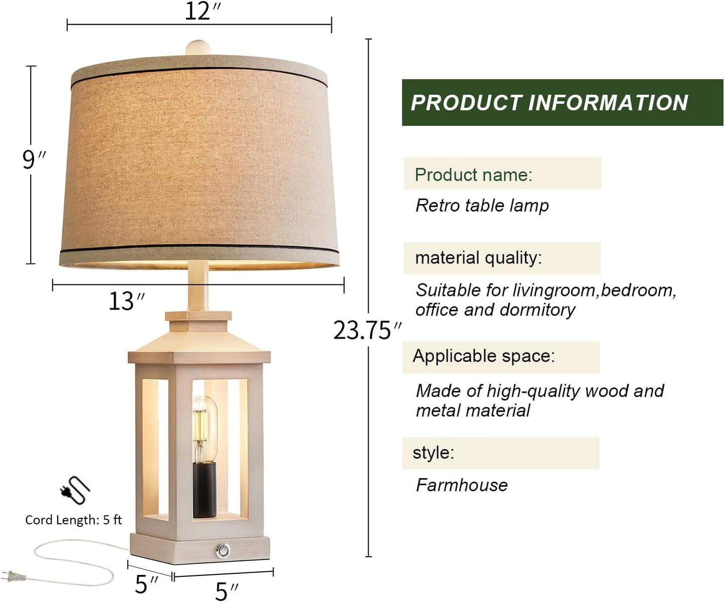 G-SAFAVA 23.75" Retro Farmhouse USB C+A Ports Table Lamp Set of 2 with 3 Way Dimmable Touch Control White Nightlight Vintage Modern Lamp for Living Room Bedroom with 2 Light Sources