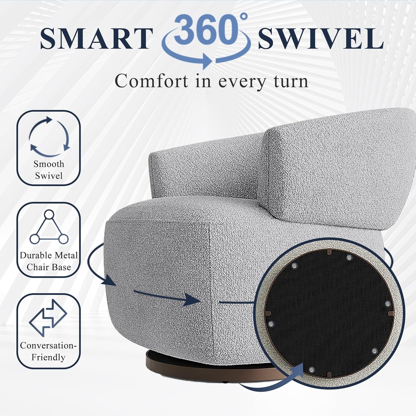 RoyalCraft Swivel Accent Chair Set of 2, Fully Assembled Round Barrel Chairs, Oversized Upholstered Armchair with 360-Degree Base, Modern Club Chair for Living Room, Bedroom, Office, Grey