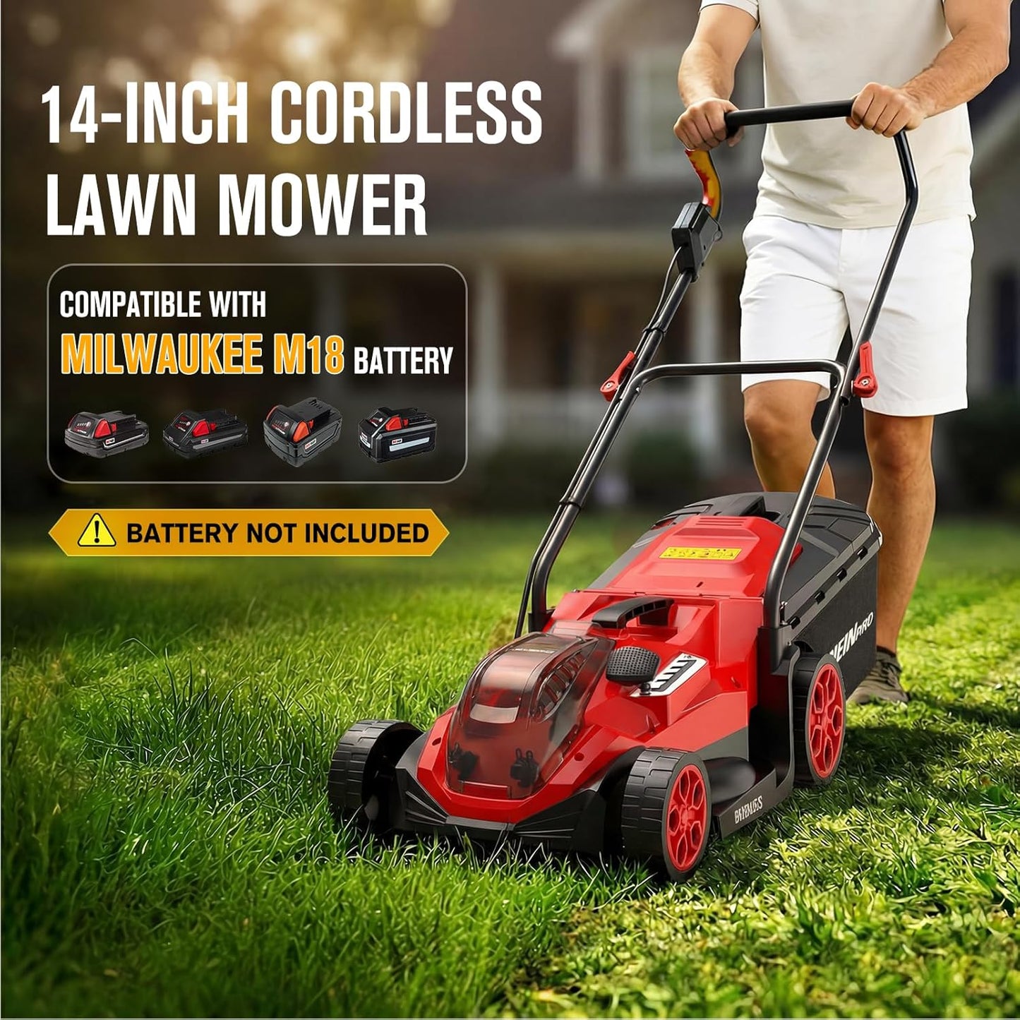 HEINPRO 14" Cordless Lawn Mower Compatible with Milwaukee M18 Battery, 2-in-1 Brushless Electric Lawn Mower for Small Yards, Push Mowers with 5-Position Height Adjustment, Red (Tool Only)