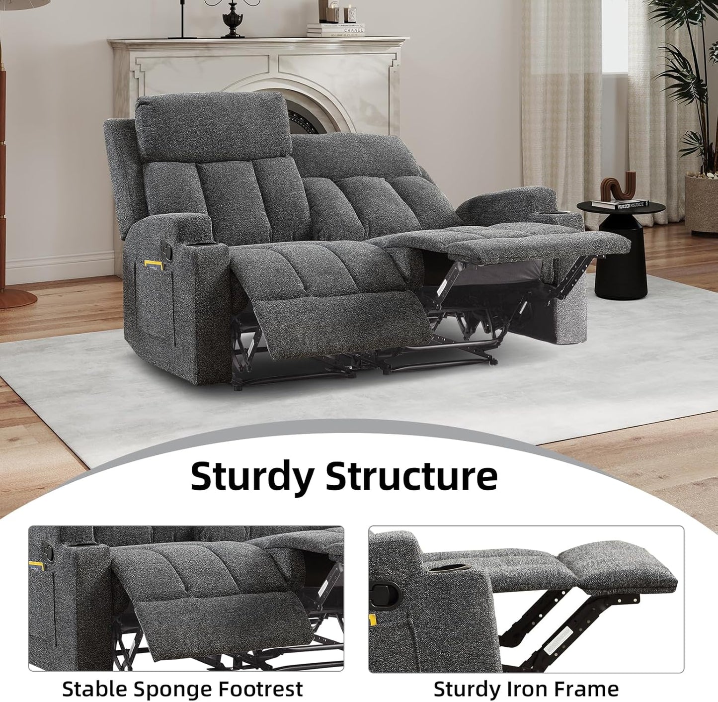 CANMOV Manual Recliner Sofa Set, Fabric Recliner Living Room Furniture Sets, 1 Seat Reclining Chair and a Loveseat Furniture Set with Side Pockets and Cup Holders, Dark Grey