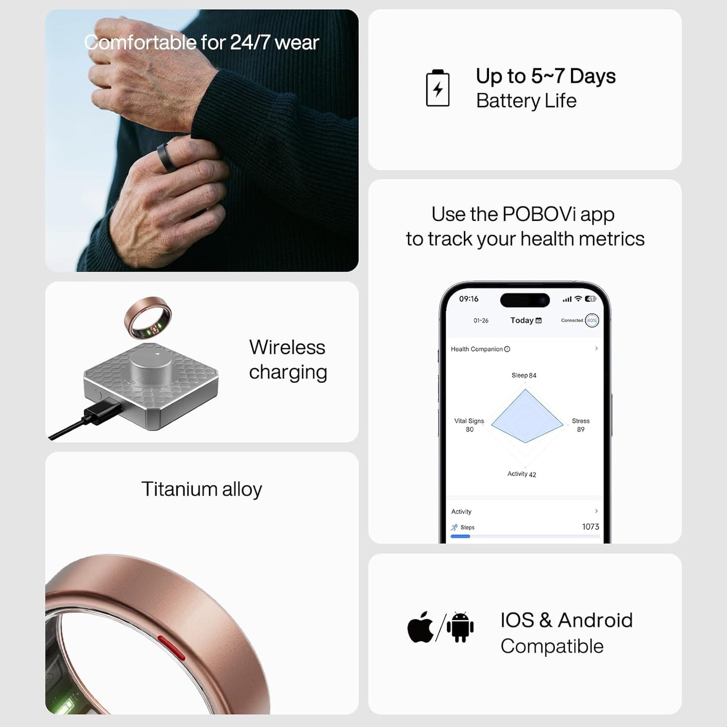 POBOVi Gen 2 Titanium Smart Ring for Women & Men, Sleep & Heart Rate Tracker, No Subscription, Size Before You Buy (Rosegold, 10)