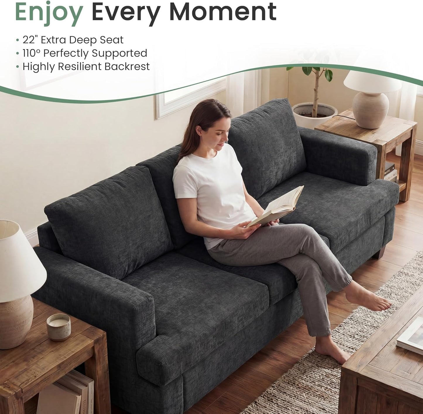 YOUDENOVA Sofa, 63” Comfy Loveseat Sofa with Deep Seats, Couch for Living Room, Modern Sleeper Couch, Dark Grey Chenille