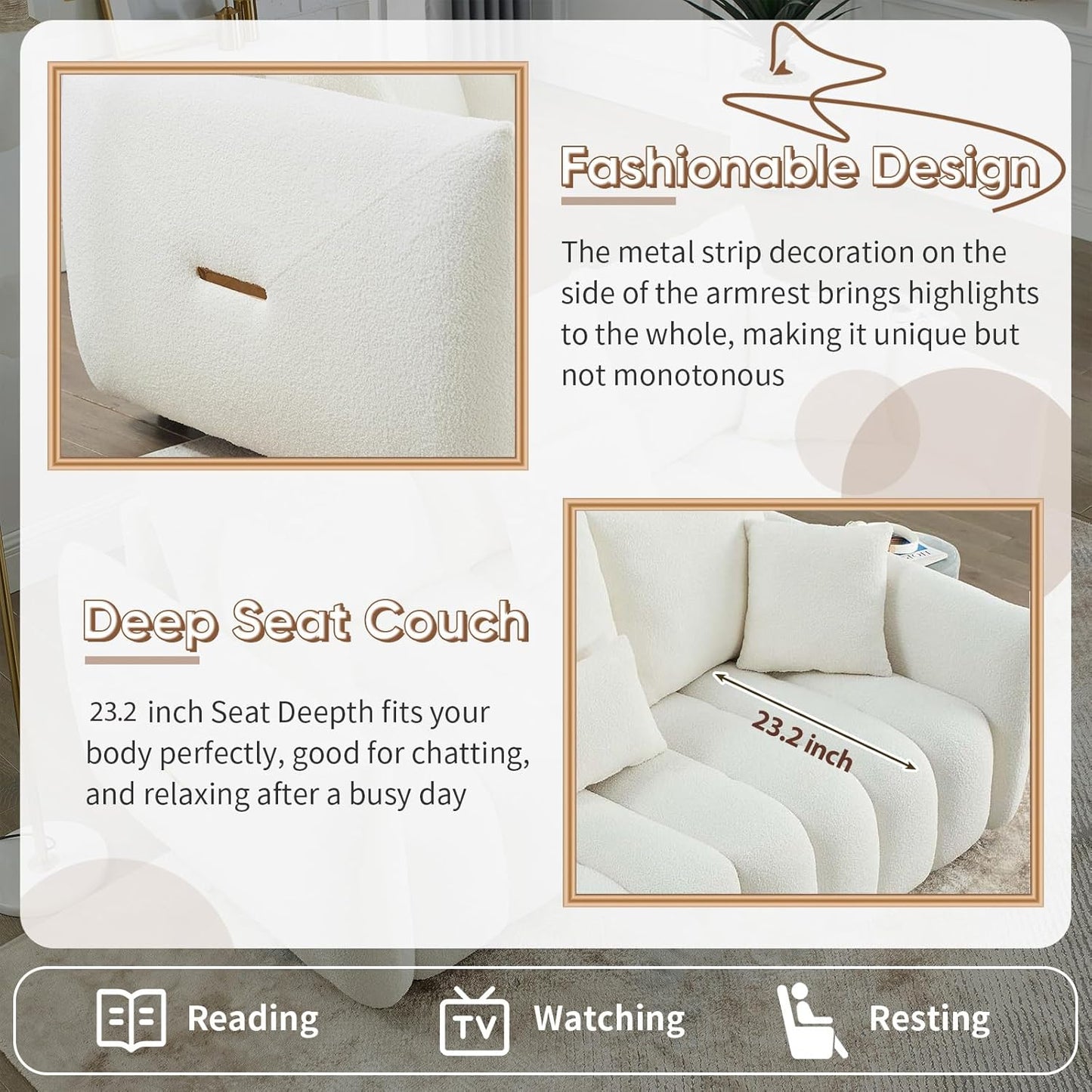 Antetek Set of 3 Teddy Sofa for Living Room, Modern 2 Units Deep Seat Sofa Chairs and an Oversized 3-Seater Cloud Boucle Couch for Bedroom, Office, Apartment, Furniture Set, Beige (3 Pieces)
