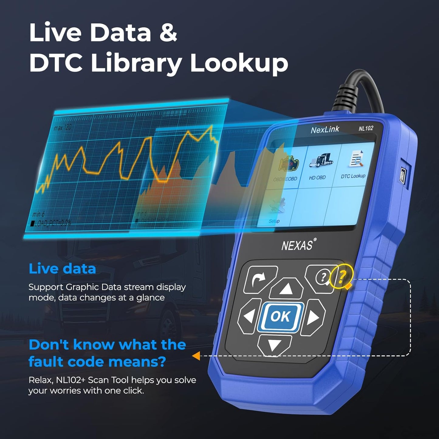 NEXAS Heavy Duty Truck Scanner NL102 Full System Diesel Truck Scan Tool for Cummins, Isuzu, Freightliner, Caterpillar, Detroit, Peterbilt, 2-in-1 Code Reader Read & Clear Fault Codes for Truck & Car