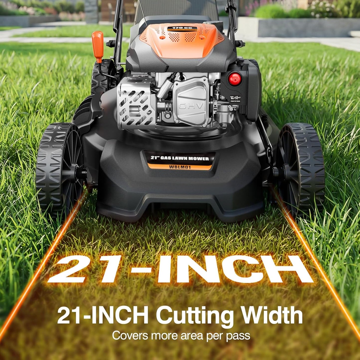 21” Self-Propelled Lawn Mower Gas, 170CC 4-in-1 Mulch/Rear Bag/Side Discharge/Rear Discharge, Walk-Behind Gas Lawnmower with 7-Position Cutting Height, Foldable Gas Powered Lawn Mowers for Yard Garden