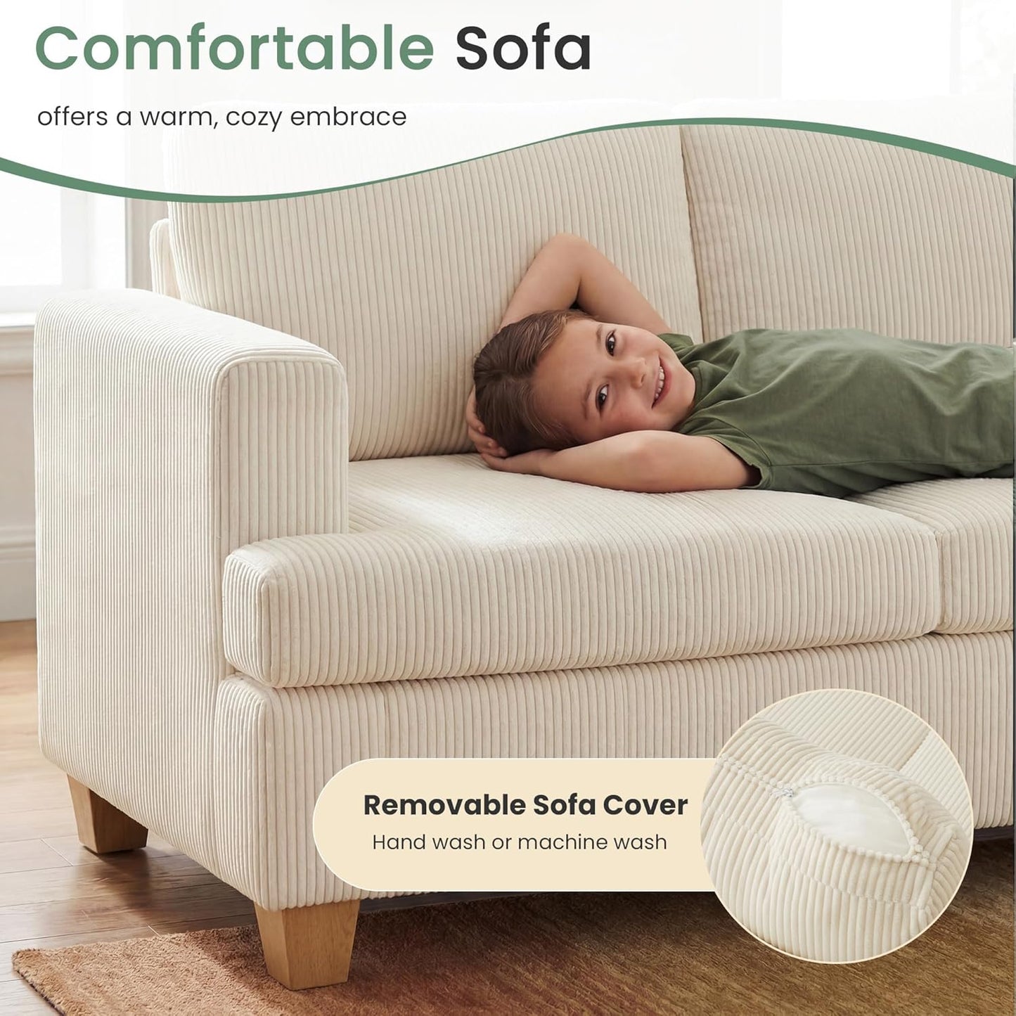 YOUDENOVA 63" Corduroy Sofa Couch Loveseat for Living Room, Small Seep Seat Loveseat Sofa for Bedroom, Comfy Chenille Couch for Small Spaces, White Corduroy