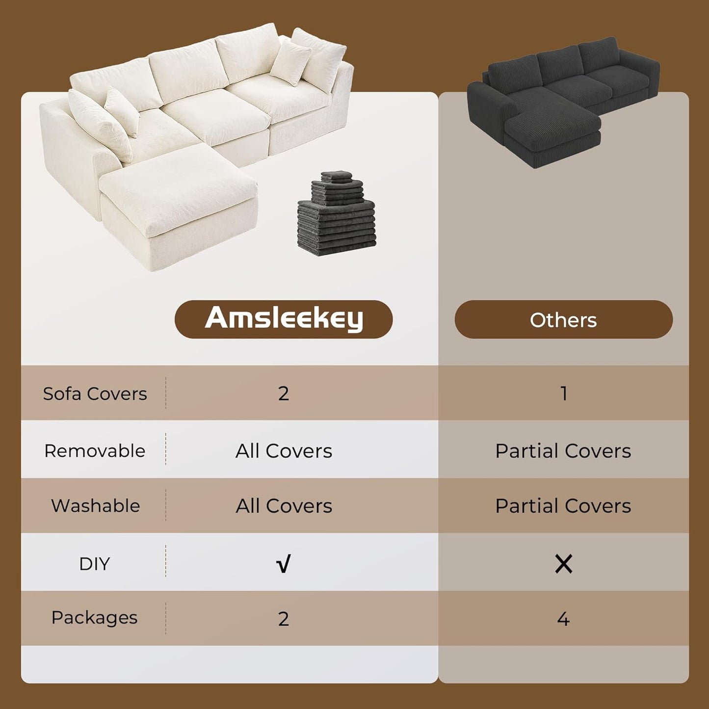 Amsleekey 108" Cloud Sectional Couches, with 1 Extra Washable Cover, L Shaped 25.6" Deep Seat Couch with Ottoman, Oversized Comfy Living Room Sofa, DIY Color Refresh (White Sofa + Gray Cover Set)