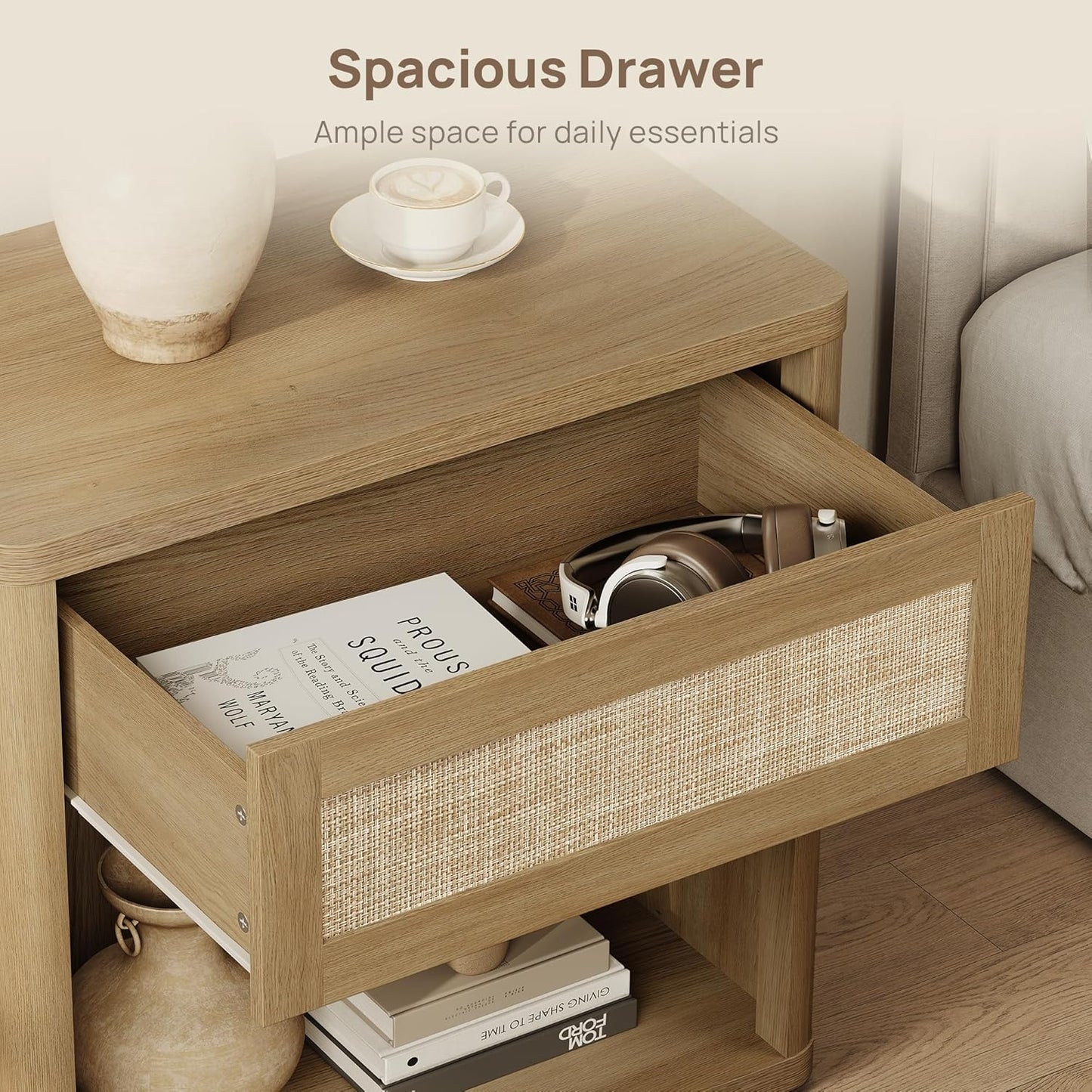 SICOTAS Night Stand Set of 2 26" Wide Large Nightstands with Drawer & Shelf Storage Rattan Bedside Table Boho End Table Tall Bed Side Tables Night Stands for Bedroom Living Room Sofa Office, Amber Oak