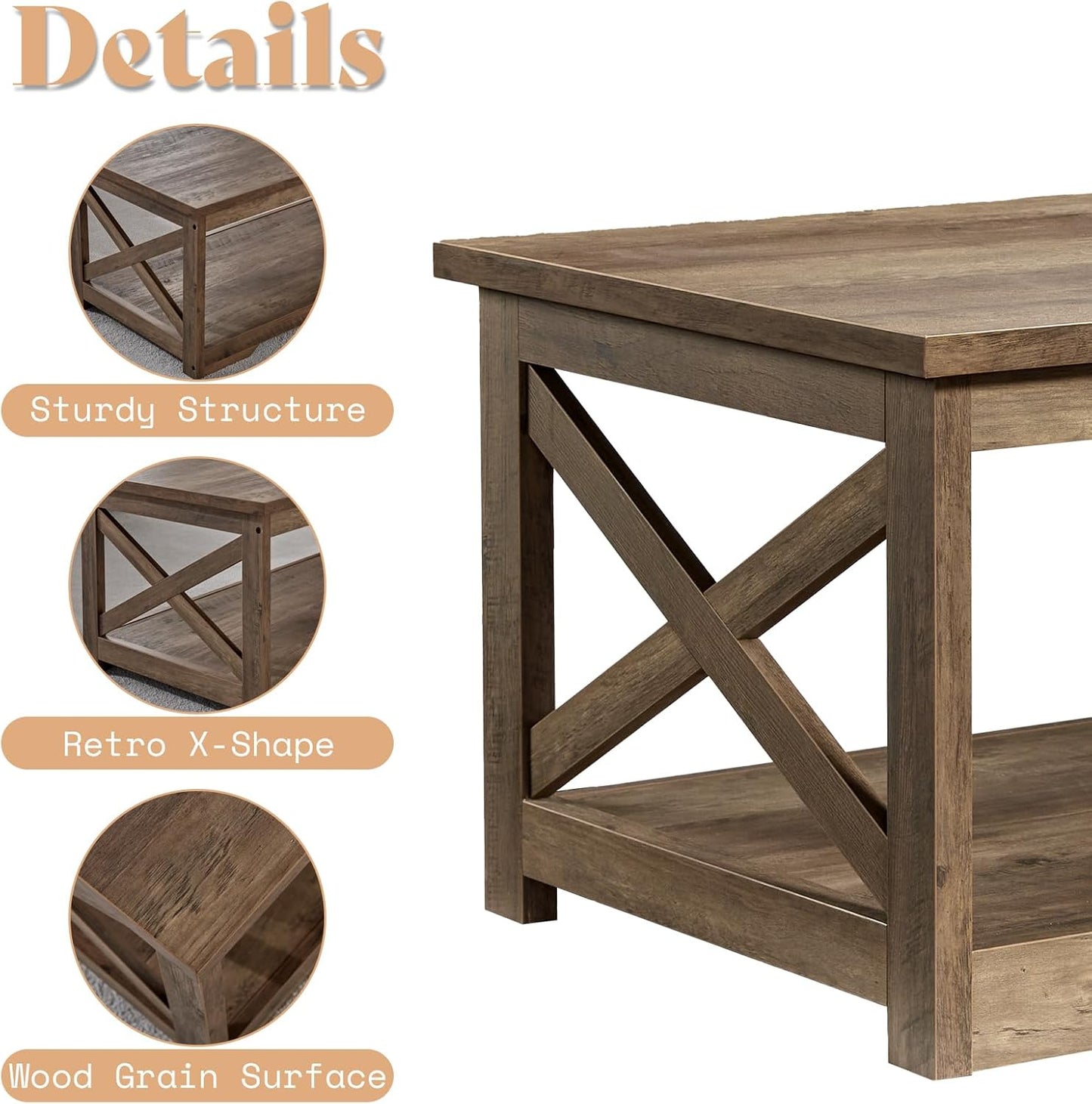 AMERLIFE 3-Piece Farmhouse Table Set Includes Coffee Table& Two End Tables, Side Table with Charging Station and USB Ports, for Living Room, Barnwood
