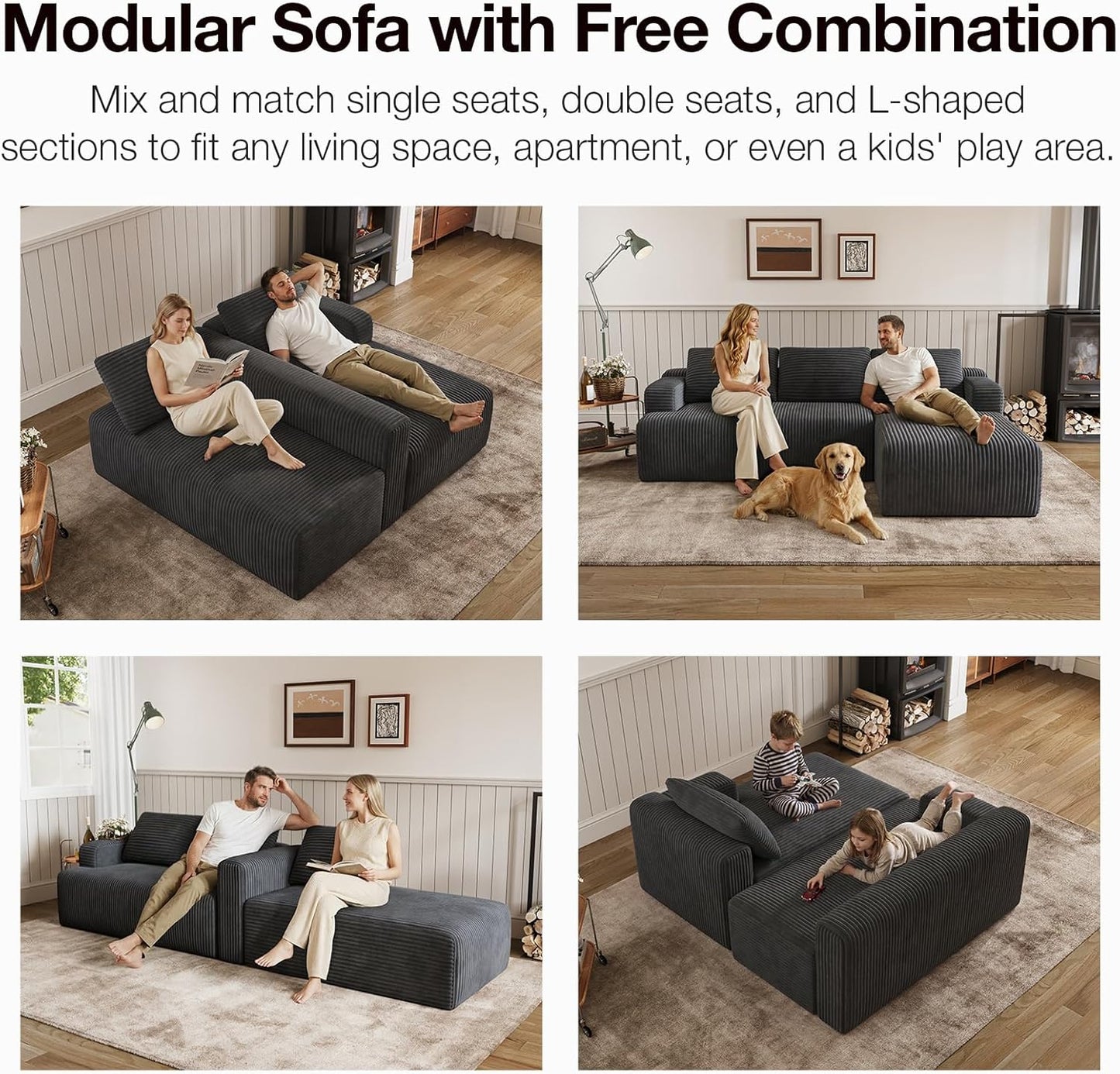 Novilla L-Shape Sectional Couches for Living Room with Smarts Coil® Support, 3 Seater Sectional Sofas for Living Room Bedroom, Corduroy Cloud Couch Sectional, No Assembly(Dark Grey, Right Hand Facing)