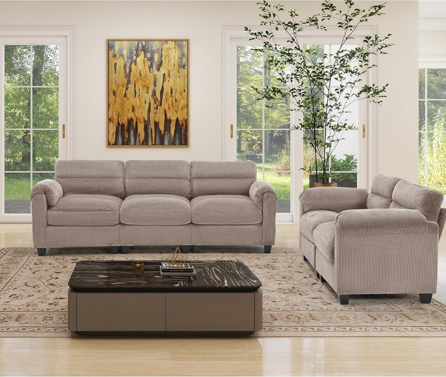HAOMARKETS Corduroy Sofa Set,Upholstered Loveseat, and 3-Seater Couch with Plush Cushions and Rolled Arms, Modern Living Room Furniture Sets,Brown