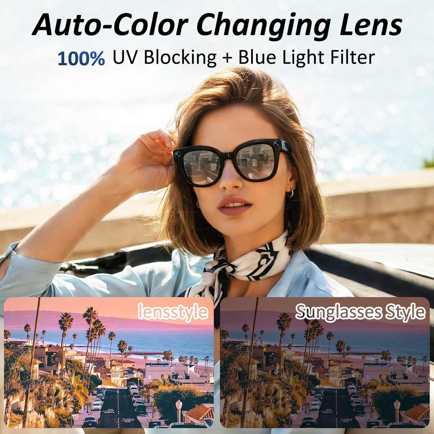 AI Smart Glasses, 8MP HD Camera Glasses With AI Assistant and 3600mAh Charging Case, Translation Glasses with 164 Languages and Color-Change Lens, Music & Hands-Free Calls, UV & Blue Light Protection