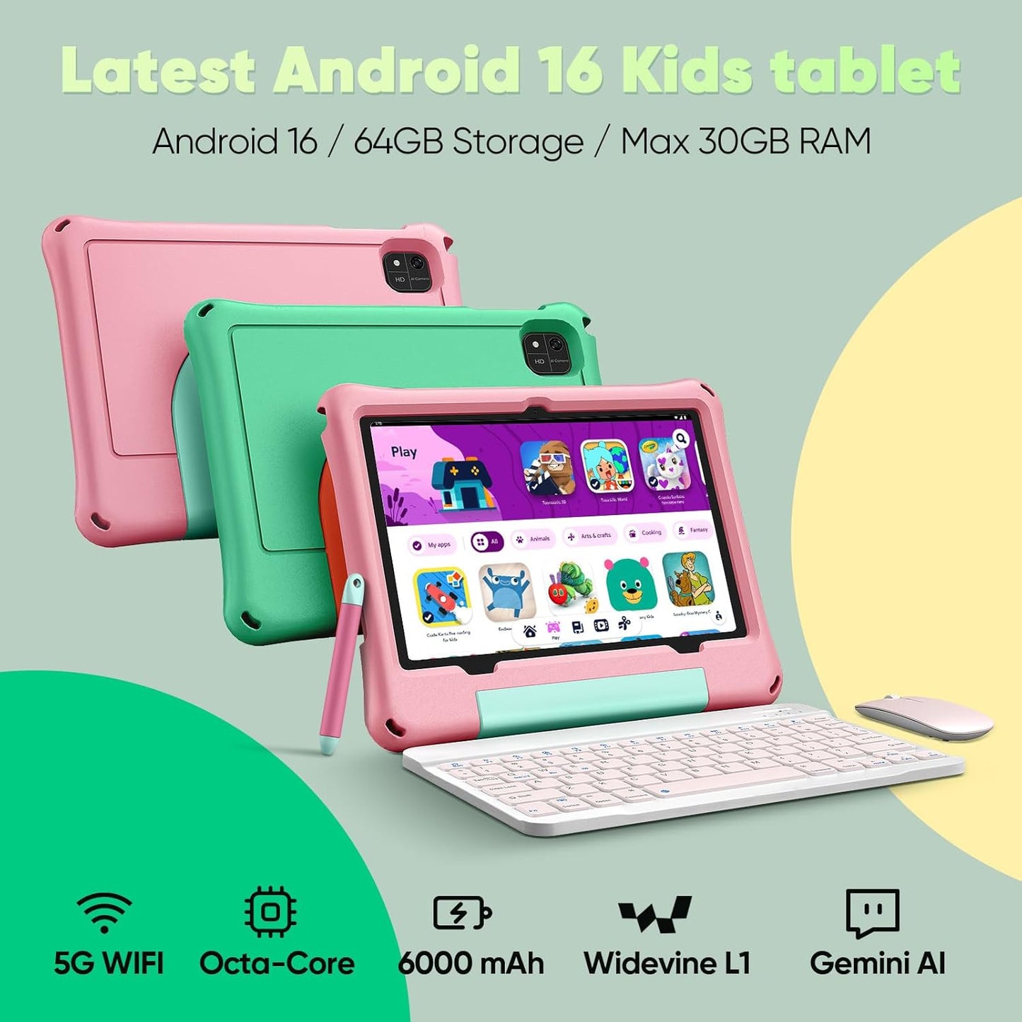 aiprotablet Kids Tablet, Android 16 Tablet for Kids 10 inch Octa-Core 2.2GHz with Case, 30GB RAM 64GB ROM, 2TB Expand, Parental Control, Dual Camera, BT, WiFi, with Keyboard Mouse Stylus, Gift (Pink)