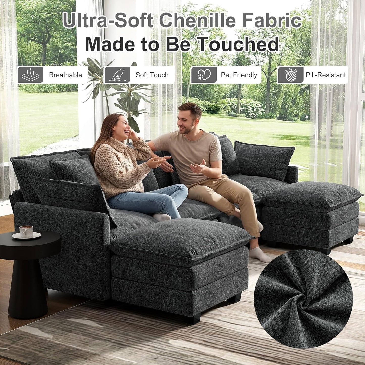 107" Cloud Couch Sectional, U Shaped Modular Sectional Sofa, 4-Seat Deep Seat Couch with 6 Removable Washable Pillows and 2 Ottoman for Living Room, Bedroom, Apartment, Black Grey