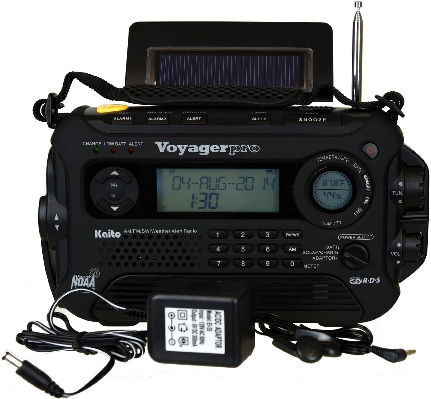 Kaito Voyager Pro KA600 Digital Solar Dynamo Hand Crank AM/FM/LW/SW & NOAA Weather Emergency Radio with Flashlight, Reading Lamp,Smart Phone Charger & RDS and Real-Time Alert, with AC Adapter, Black