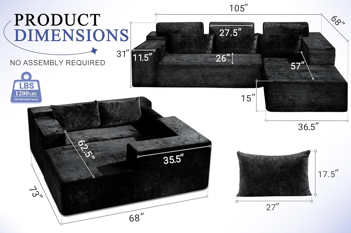 HABUTWAY 105" L-Shape Modular Sectional Sofa Couch for Living Room,No Assembly Required,Modular Comfy Sofa with Deep Seat for Living Room Bedroom,Luxury Distressed Velvet(Right,Black)