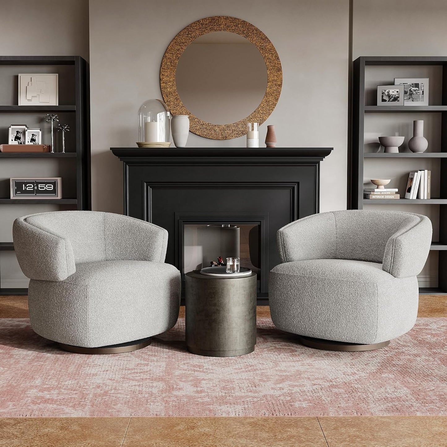 RoyalCraft Swivel Accent Chair Set of 2, Fully Assembled Round Barrel Chairs, Oversized Upholstered Armchair with 360-Degree Base, Modern Club Chair for Living Room, Bedroom, Office, Grey