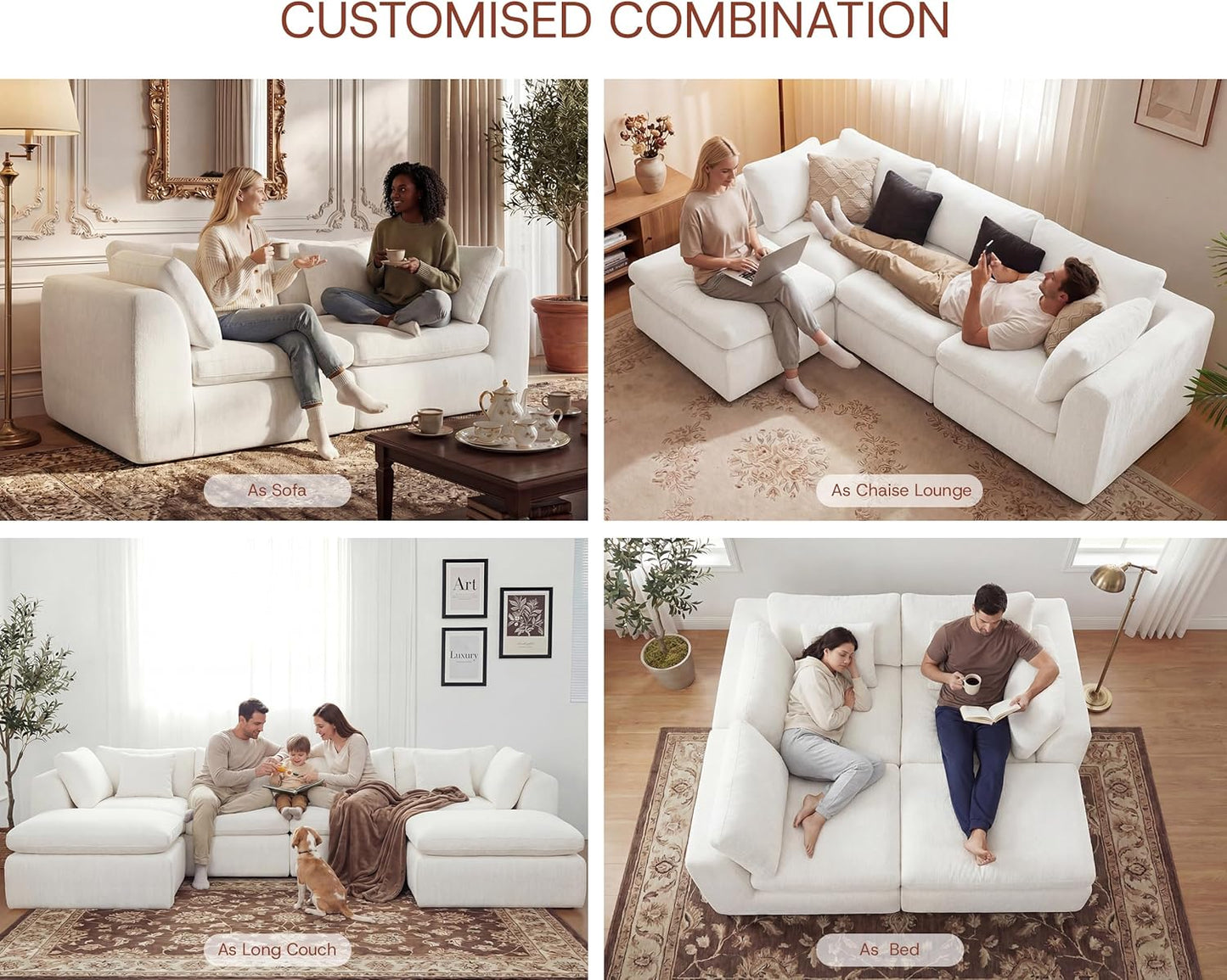 GRUSIGN 110'' Oversized Cloud Sectional Boneless Couch for Living Room, Modern Big Compressed L Shape Couch with Ottoman & 2 Throw Pillows, Chenille Deep Seat Memory Foam Spineless 4 Seater Sofa,Beige