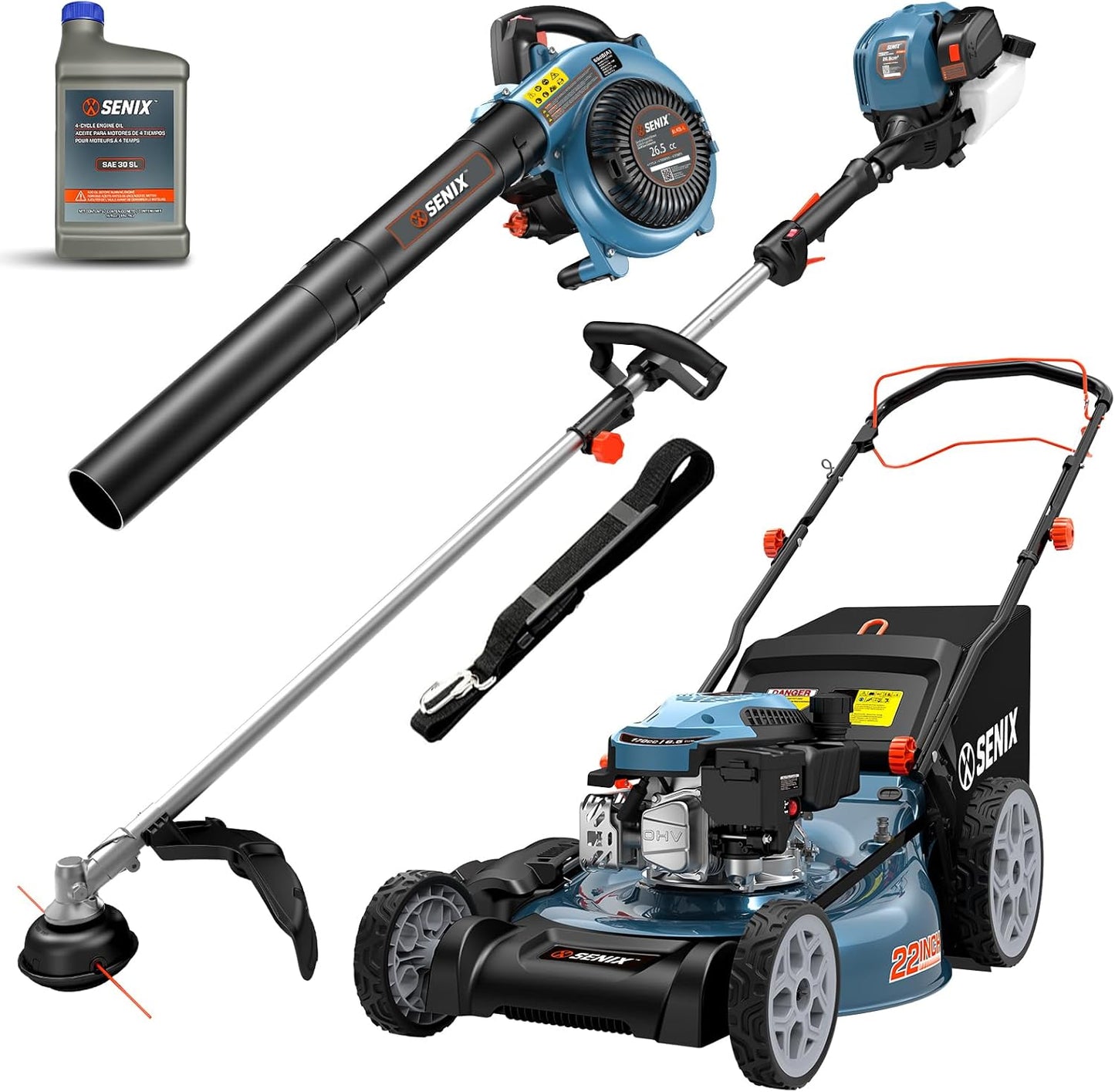 SENIX 22" Self-Propelled Gas Lawn Mower (170cc) +17-Inch 26.5 cc Gas Weed Wacker + 26.5cc Gas Leaf Blower Yard Tool Kit