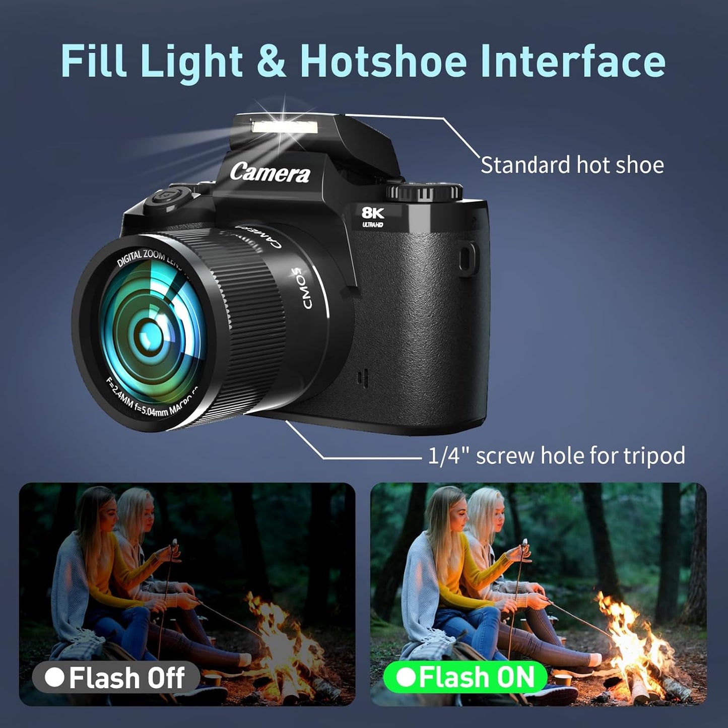 8K Digital Camera, 64MP WiFi Cameras for Photography with 4" Touchscreen, Vlogging Camera for YouTube with 16X Zoom Autofocus Dual Lens, 3000mAh Battery, 32GB Card & Lens Hood (Black)