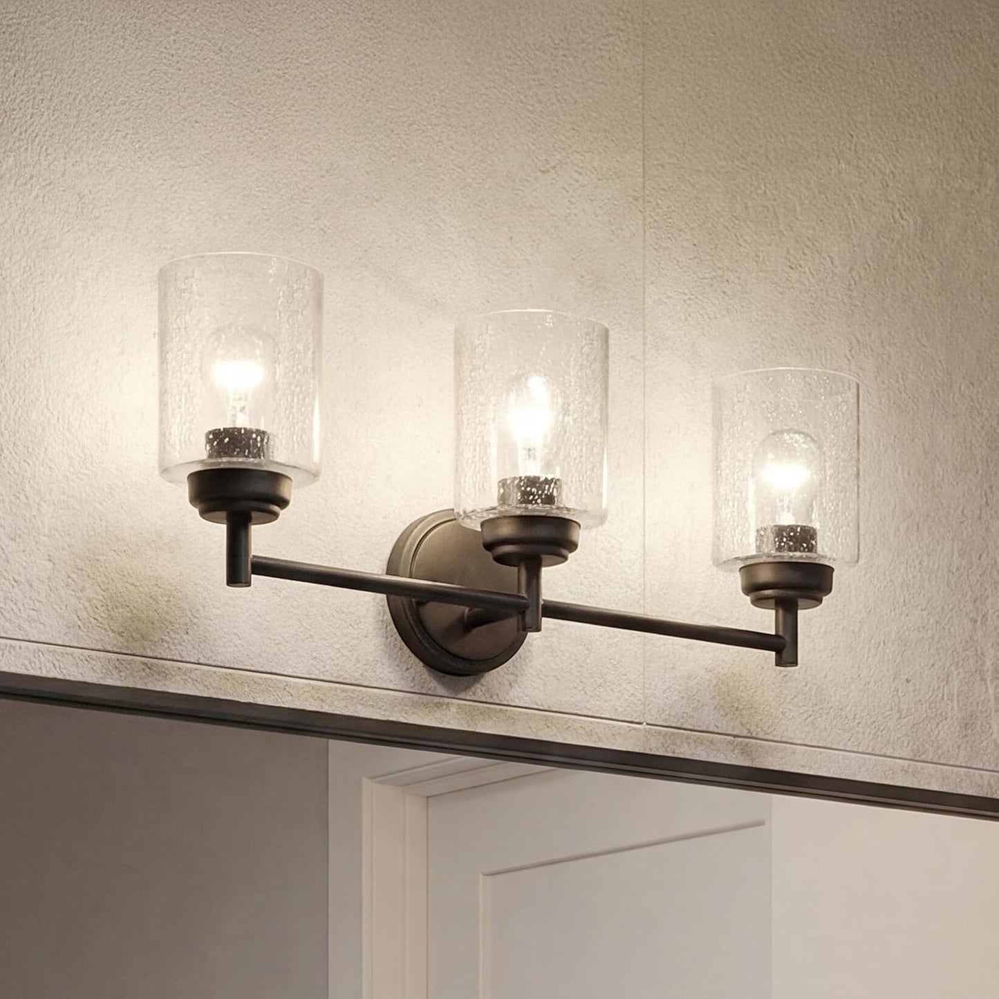 Kichler Winslow 21.5" 3-Light Bathroom Vanity Light Fixture with Clear Seeded Glass in Black, Modern Wall Mount Lighting for Mirror over Vanity in Bathroom, 45886BK