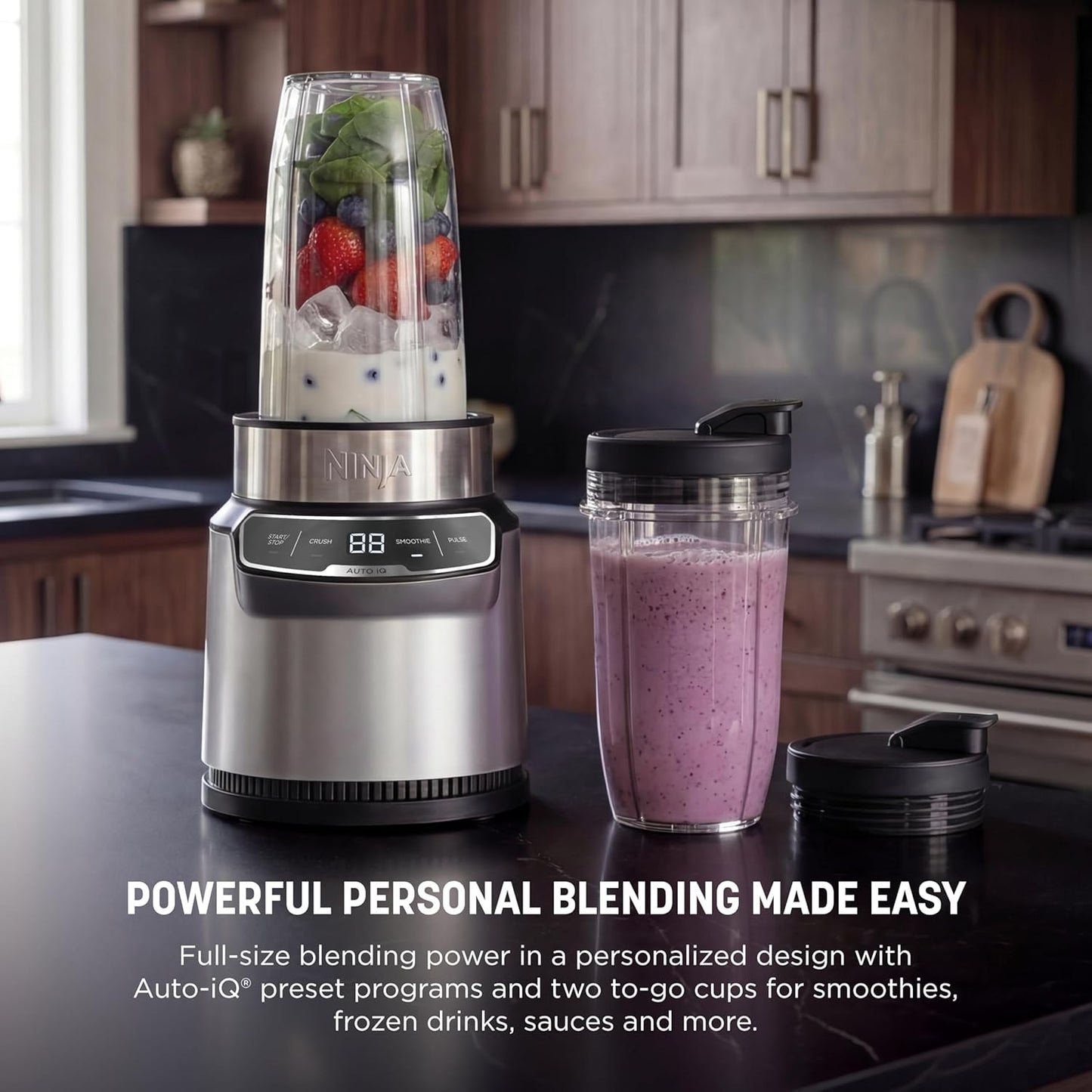 Ninja Nutri-Blender Pro with Auto-iQ | For Smoothies, Shakes, Frozen Drinks, Salsa, Dips | (2) 24-oz. To-Go Cups & Spout Lids | 1100-Peak-Watt | Silver | BN401
