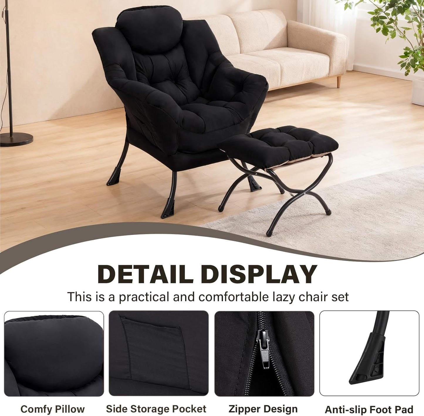 Lazy Chair with Ottoman, Modern Accent Chair Contemporary Lounge Leisure Sofa Chair with Armrests, Reading Chair and Folding Footstool Set for Living Room, Bedroom, Office, Black