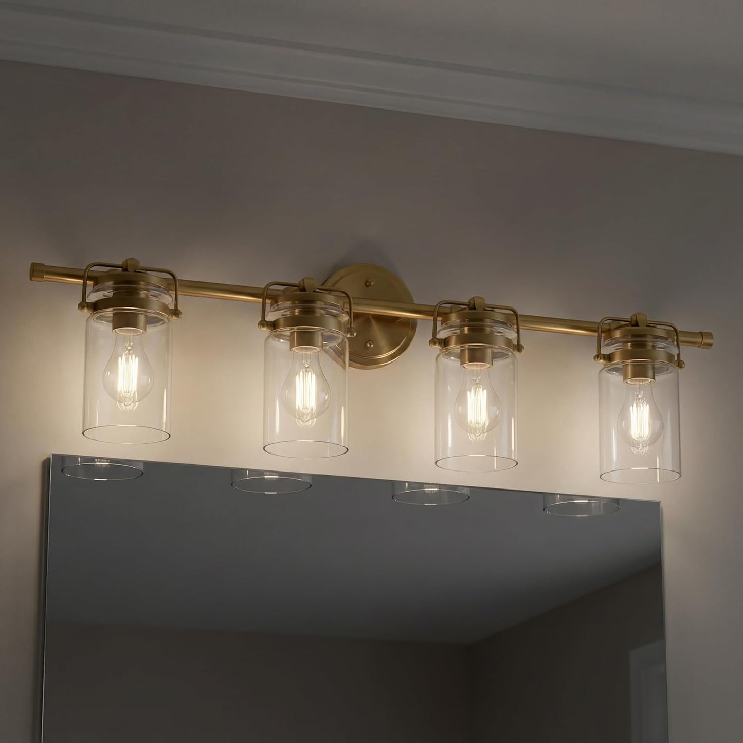 Kichler Brinley 4-Light Bathroom Vanity Light Fixture with Clear Glass in Champagne Bronze, Industrial Farmhouse Style for Mirror Lighting (32.5" x 10.25" x 6.75"), 45690CPZ