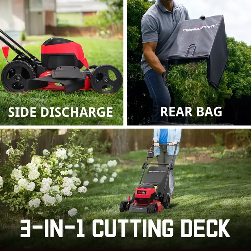 PowerSmart 40V Brushless Cordless 17" 3-in-1 Puch Lawn Mower & Leaf Blower Combo, 6-Position Height Adjustment & 11.8 Gal Bag, 115 MPH 465 CFM 2 Mode Blower, Battery Powered Yard Tools Set