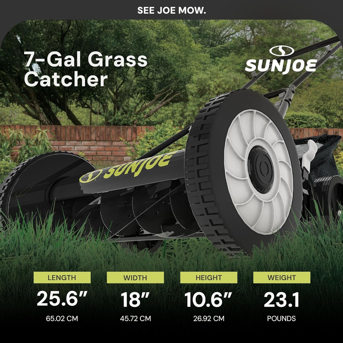 Sun Joe MJ501M w/ 7-Gallon Detachable Grass Catcher, 9-Position Height Adjustment, 5 Steel Blades, Compact Design, 18-Inch Manual, Green/Black