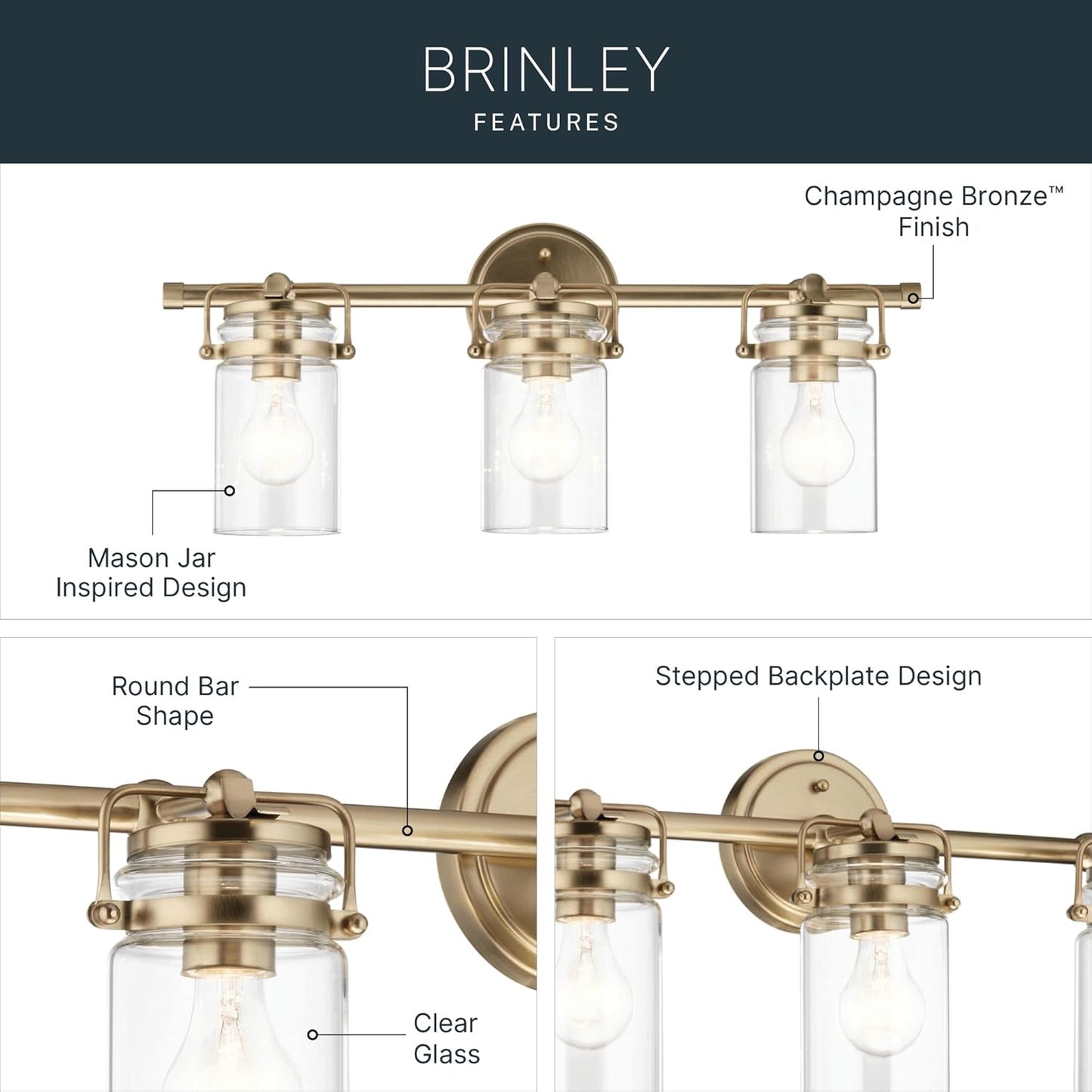 Kichler Brinley 24" 3-Light Bathroom Vanity Light Fixture with Clear Glass in Champagne Bronze, Modern Farmhouse Mason Jar Style for Mirror Lighting (24" W x 10.25" H), 45689CPZ