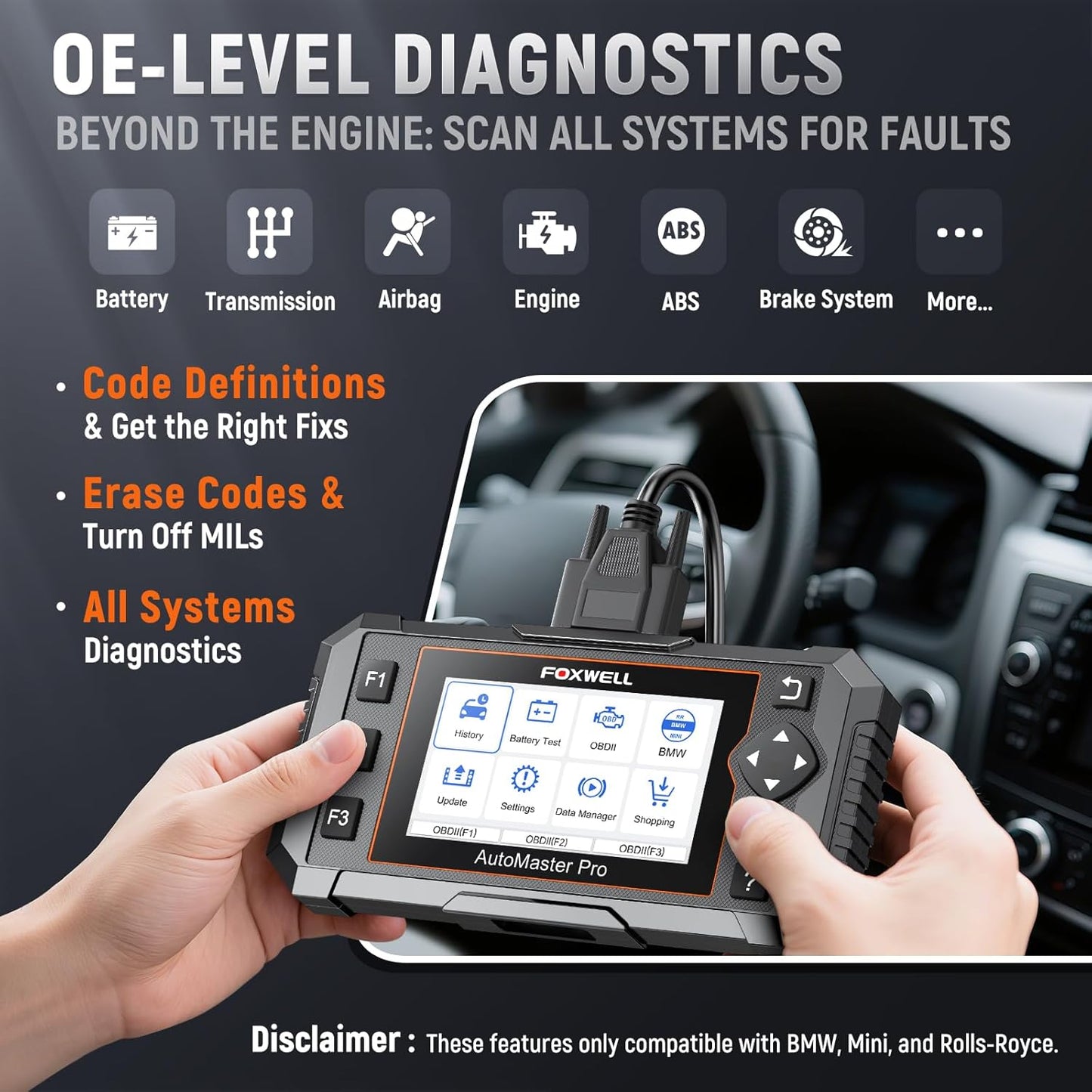 FOXWELL NT510 Pro fit for BMW 2-in-1 Diagnostic Scanner & 12V Battery Tester, Full System Bidirectional Scan Tool with All Reset Services & Battery Registration for BMW/Mini/RR (Lifetime Free Update)