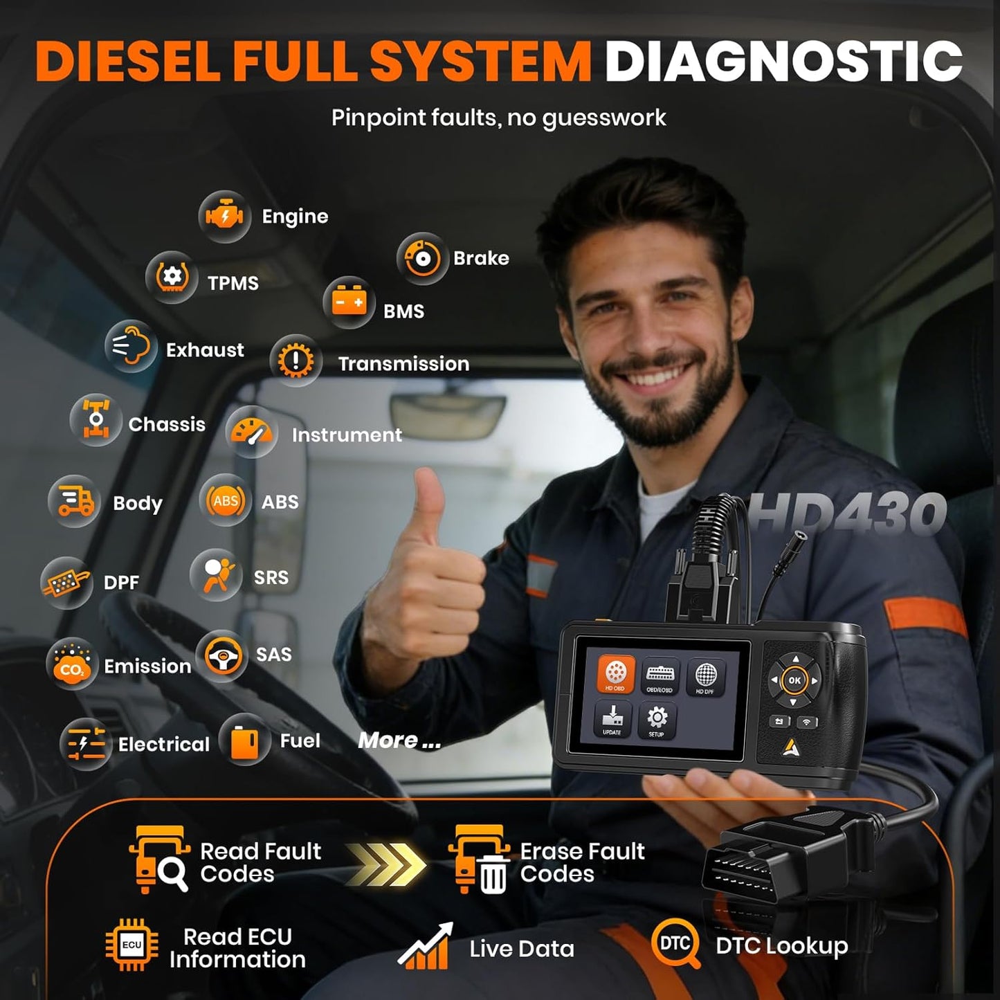ANCEL HD430 Heavy Duty Truck Scanner, DPF Reset & Forced Regeneration for Cummins & Caterpillar Engine, Full System HDOBD Diesel Scanner OBD2 Diagnostic Scan Tool Code Reader for Diesel Trucks & Cars