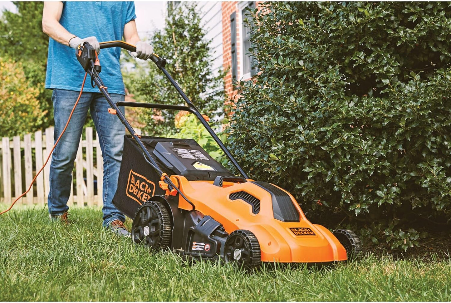 BLACK+DECKER Electric Push Lawn Mower, Corded, 13 Amp, 20-Inch Cutting Deck, 6 Setting Height Adjustment, Compact Storage, Collection Bag (BEMW213)