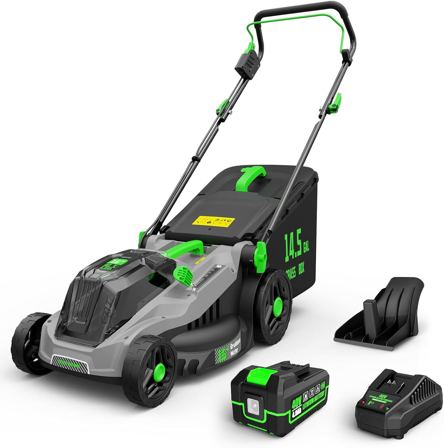 TIECTOWN 40V 16-Inch Brushless Cordless Lawn Mower with 4.0Ah Battery & Charger, 2-in-1 Electric Push Mower, 5-Position Height Adjustment, Lightweight, Compact Storage, for Small Yards - Green