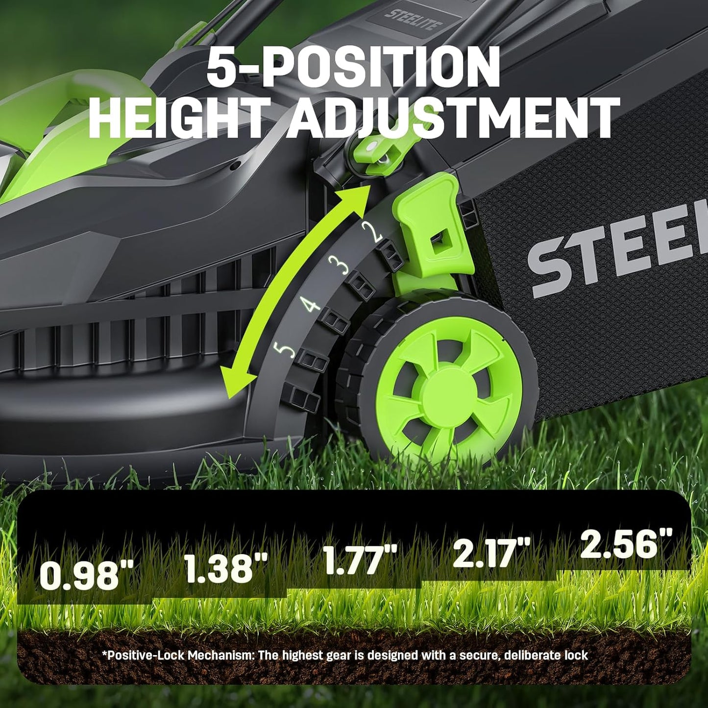 STEELITE 13-Inch Cordless Electric Lawn Mower, 21V Brushless Battery Push Mower with 4.0Ah Battery & Charger, 5-Position Height Adjustment, 8-Gallon Grass Bag