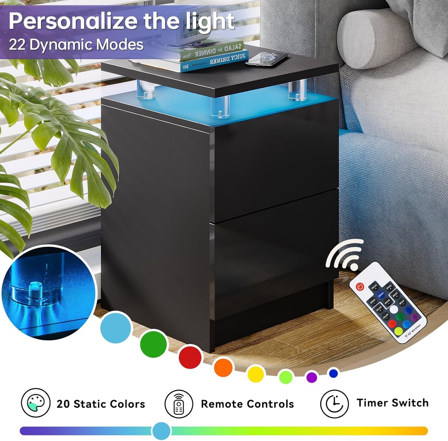 3-Piece Modern Living Room Table Set, Includes LED Coffee Table and End Tables Set of 2 with Storage Drawers, Black