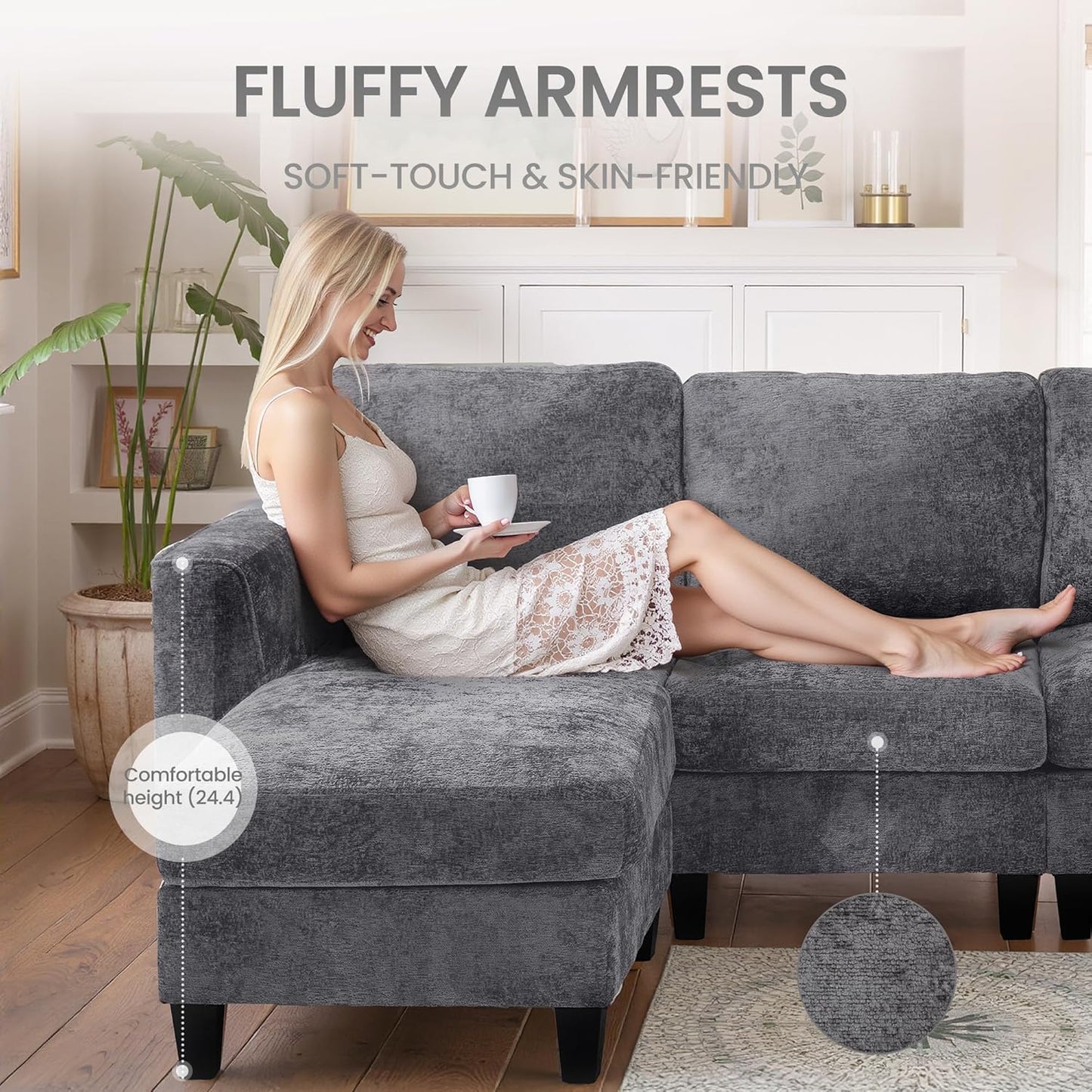 COLAMY 118" Modular Sectional Cloud Couch, Midcentury Modern 4-Seat U-Shaped Sofa, with USB Type C Ports, Foldable Side Table and 2 Ottomans, for Home Living Room, Grey