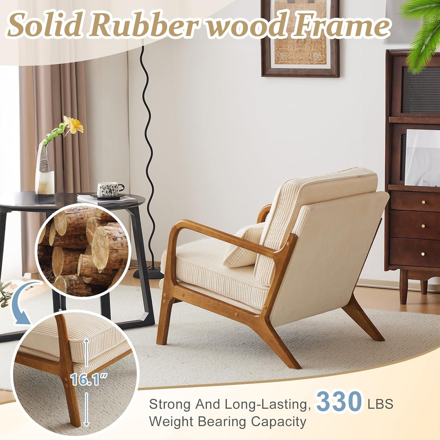 VINGLI Upgraded Premium Corduroy Accent Chairs Set of 2,Upholstered Arm Chair,Solid Wood Comfy Reading Chair with Pillow, Mid Century Modern Chairs for Living Room,Bedroom,Beige