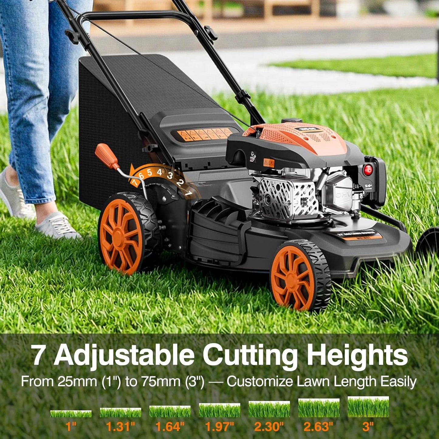 21” Self-Propelled Lawn Mower Gas, 170CC 4-in-1 Mulch/Rear Bag/Side Discharge/Rear Discharge, Walk-Behind Gas Lawnmower with 7-Position Cutting Height, Foldable Gas Powered Lawn Mowers for Yard Garden