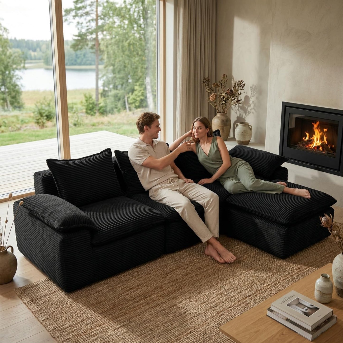 2 Pieces Cloud Sectional Couch Sets, Convertible Modular Sofa with Deep Seat, 104" L-Shaped Boneless Couches and 76" Loveseat Set for Living Room. Black